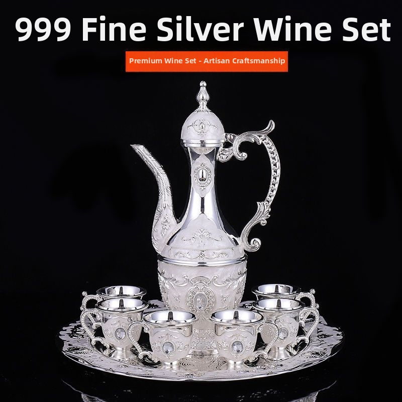 Prémiový 999 strieborný set na nápoje, poháre na víno, karafa na víno, európsky štýl súpravy zo čistého striebra, vinový dávkovač, darček
