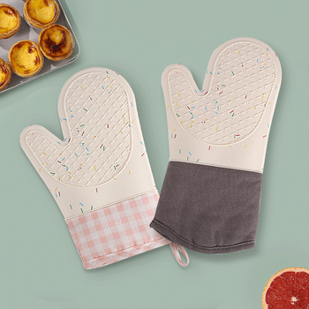 Mănuși de cuptor din bumbac-silicon, în carouri, rezistente la căldură pentru cuptor cu microunde, lungime 29–34 cm