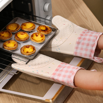 Mănuși de cuptor din bumbac-silicon, în carouri, rezistente la căldură pentru cuptor cu microunde, lungime 29–34 cm