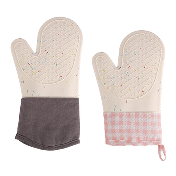 Mănuși de cuptor din bumbac-silicon, în carouri, rezistente la căldură pentru cuptor cu microunde, lungime 29–34 cm