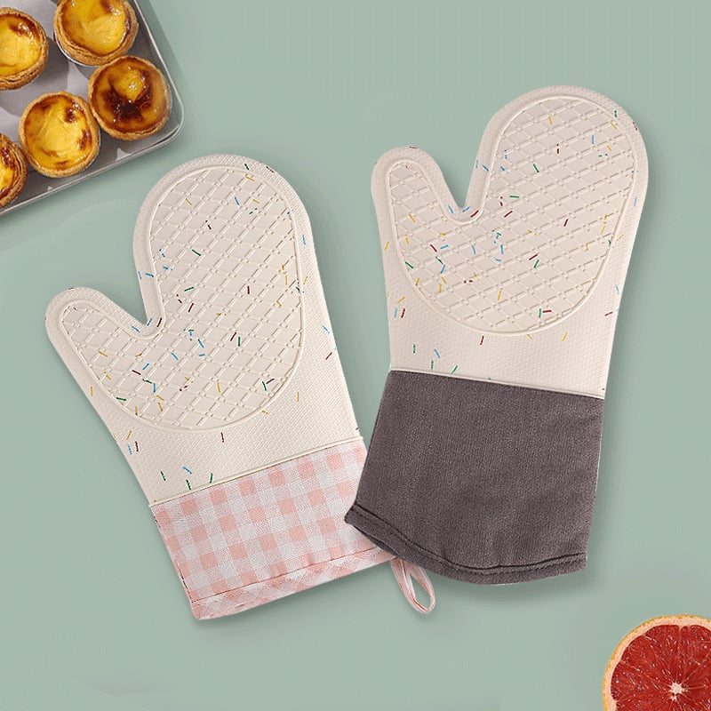 Mănuși de cuptor din bumbac-silicon, în carouri, rezistente la căldură pentru cuptor cu microunde, lungime 29–34 cm