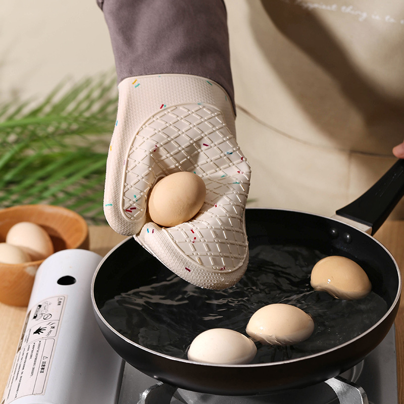 Mănuși de cuptor din bumbac-silicon, în carouri, rezistente la căldură pentru cuptor cu microunde, lungime 29–34 cm