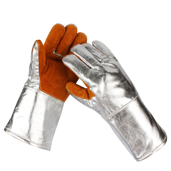 Mănuși rezistente la temperaturi înalte pentru sudură și topire, 300–500°C, ignifuge și izolație termică, design cu cinci degete, din folie de aluminiu și fibră aramidă