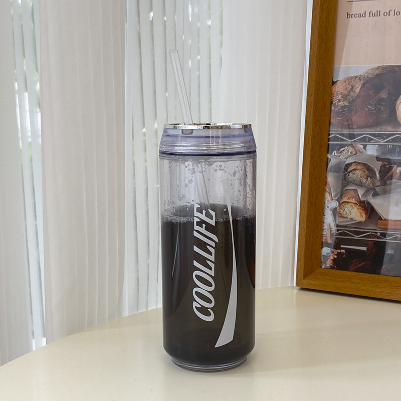 Pahar din plastic cu pereți dubli, pentru bere, cu pai, izolare la rece, recipient creativ pentru băuturi