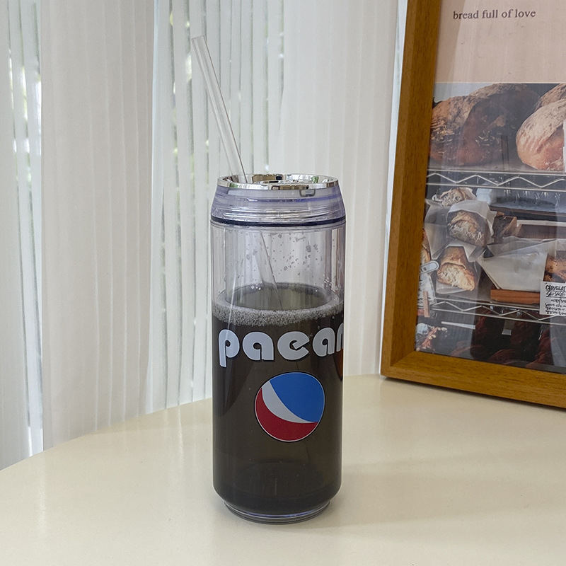 Pahar din plastic cu pereți dubli, pentru bere, cu pai, izolare la rece, recipient creativ pentru băuturi