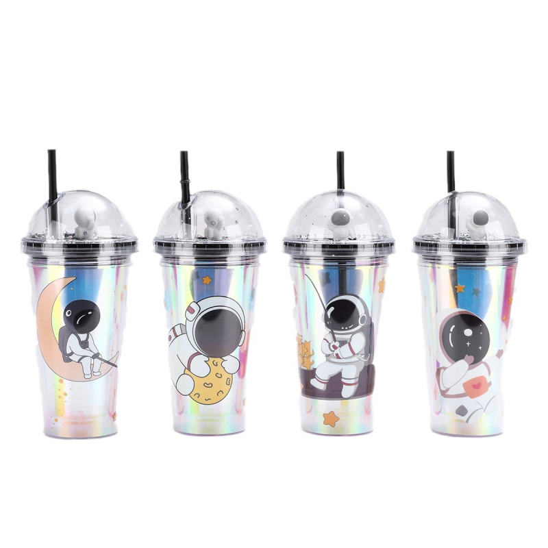 Astronaut desen animat: pahar din plastic cu dublu perete și pai – design creativ pentru vară