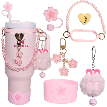 Set de șapte piese pentru paharul Stanley: Begonia, accesorii decorative din silicon, bilă cu ochi mari de 10 mm