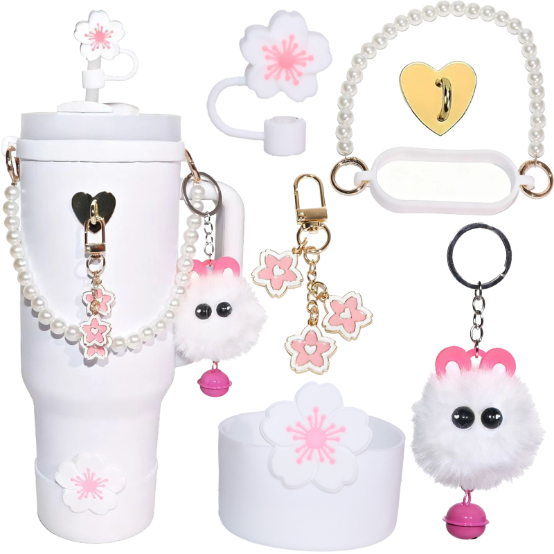 Set de șapte piese pentru paharul Stanley: Begonia, accesorii decorative din silicon, bilă cu ochi mari de 10 mm