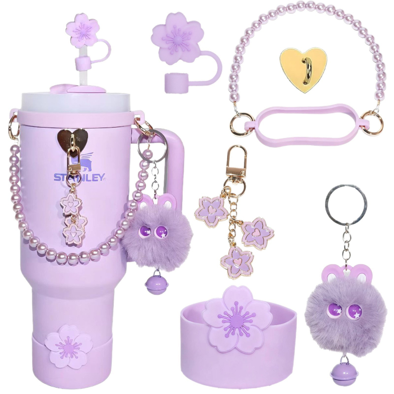 Set de șapte piese pentru paharul Stanley: Begonia, accesorii decorative din silicon, bilă cu ochi mari de 10 mm