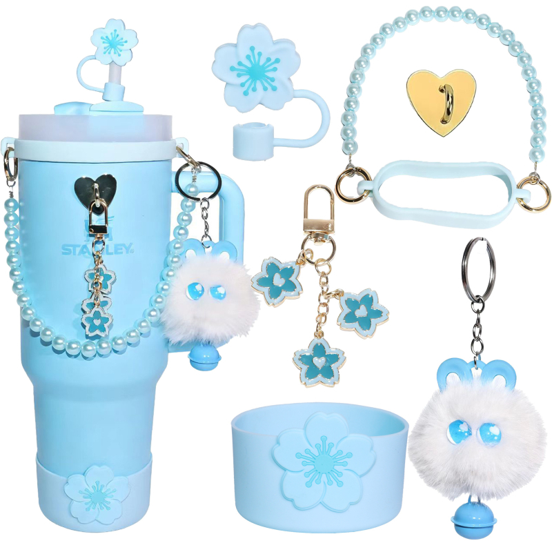 Set de șapte piese pentru paharul Stanley: Begonia, accesorii decorative din silicon, bilă cu ochi mari de 10 mm