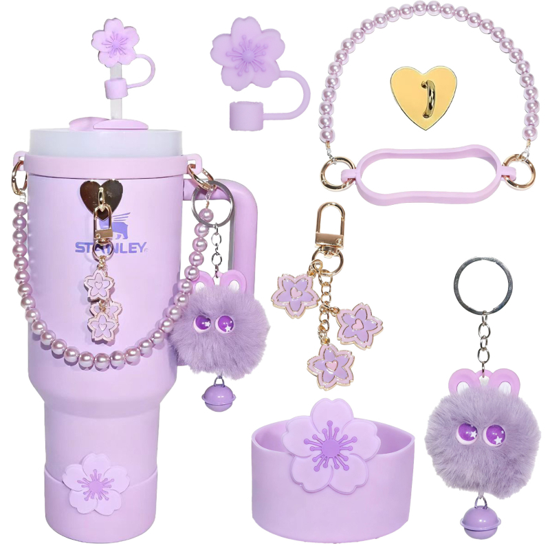 Set de șapte piese pentru paharul Stanley: Begonia, accesorii decorative din silicon, bilă cu ochi mari de 10 mm
