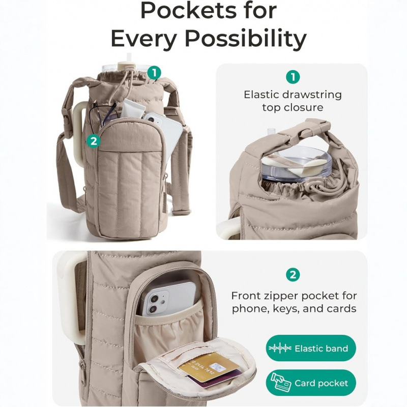 Etui izolat pentru sticlă de apă, cu căptușeală quilted și curea de umăr