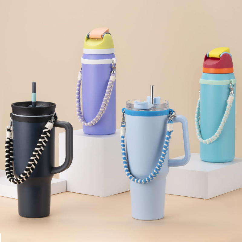 Șnur de ridicare țesut manual pentru pahar de apă 8–40 oz, inel din silicon alimentar, curea portabilă pentru pahar sport