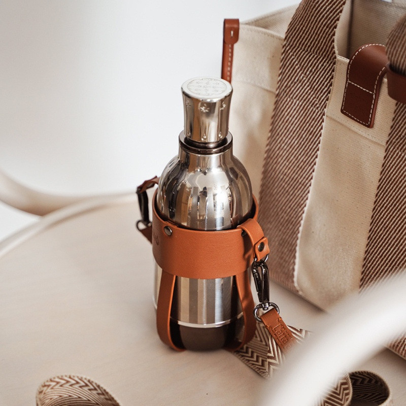 Husă PU pentru pahar cu curea crossbody, stil retro, pentru termos din oțel inoxidabil