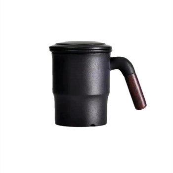 Ceașă ceramică pentru ceai cu filtru și separator, cană neagră cu capac, finisaj mat, gravură posibilă