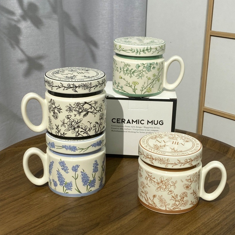 Cană ceramică cu capac și mâner, capacitate mare, pentru mic dejun, rezistentă la temperaturi înalte, cadou de ziua de naștere