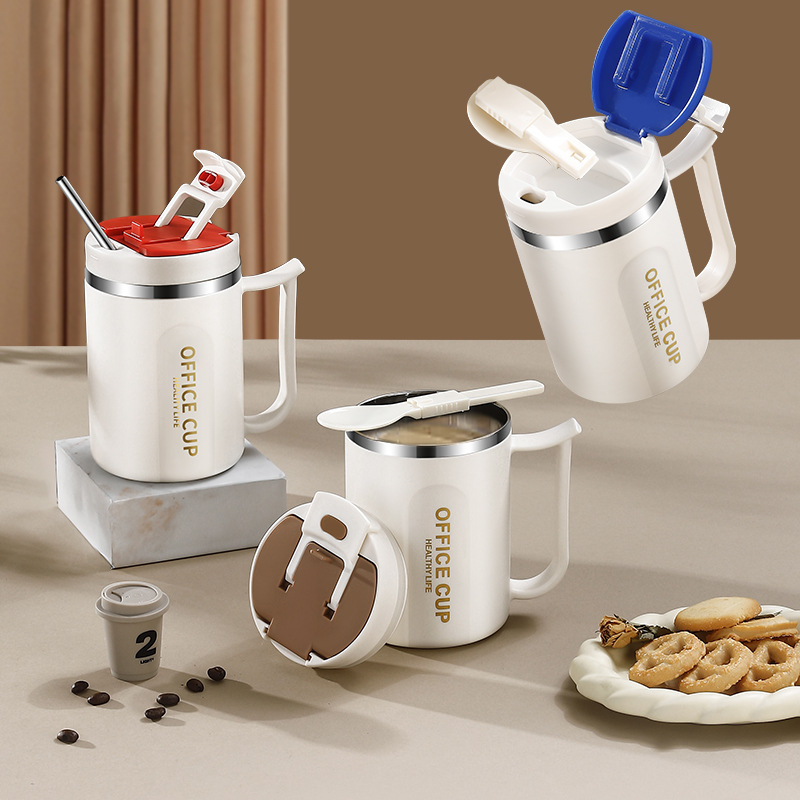 Cană izolată din oțel inoxidabil 304, cu capac și linguriță – unisex, pentru birou, ceai, cafea sau apă