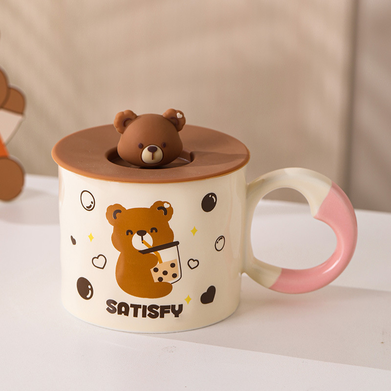 Cană ceramică cu capac și lingură, cu imagine cu ursuleț desen animat
