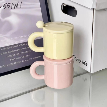 Cană ceramică Milk Fufu pentru cuplu, cu capac și linguriță – pentru cafea/ceai, la birou sau acasă