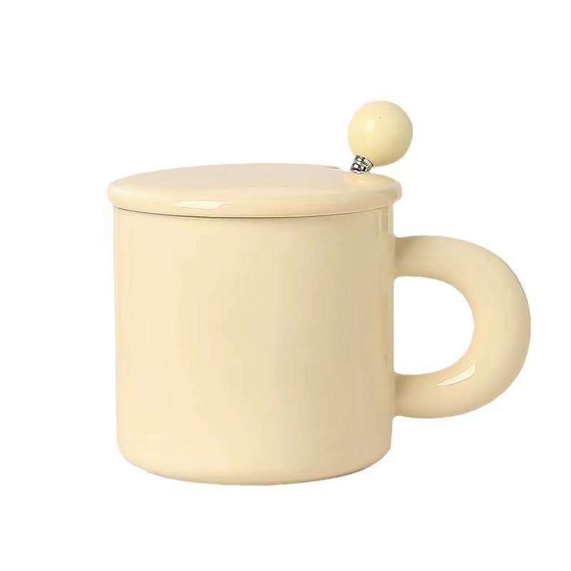 Cană ceramică Milk Fufu pentru cuplu, cu capac și linguriță – pentru cafea/ceai, la birou sau acasă