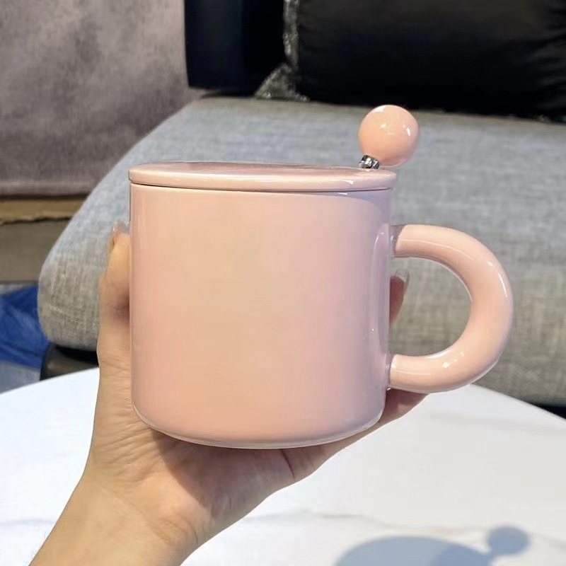 Cană ceramică Milk Fufu pentru cuplu, cu capac și linguriță – pentru cafea/ceai, la birou sau acasă