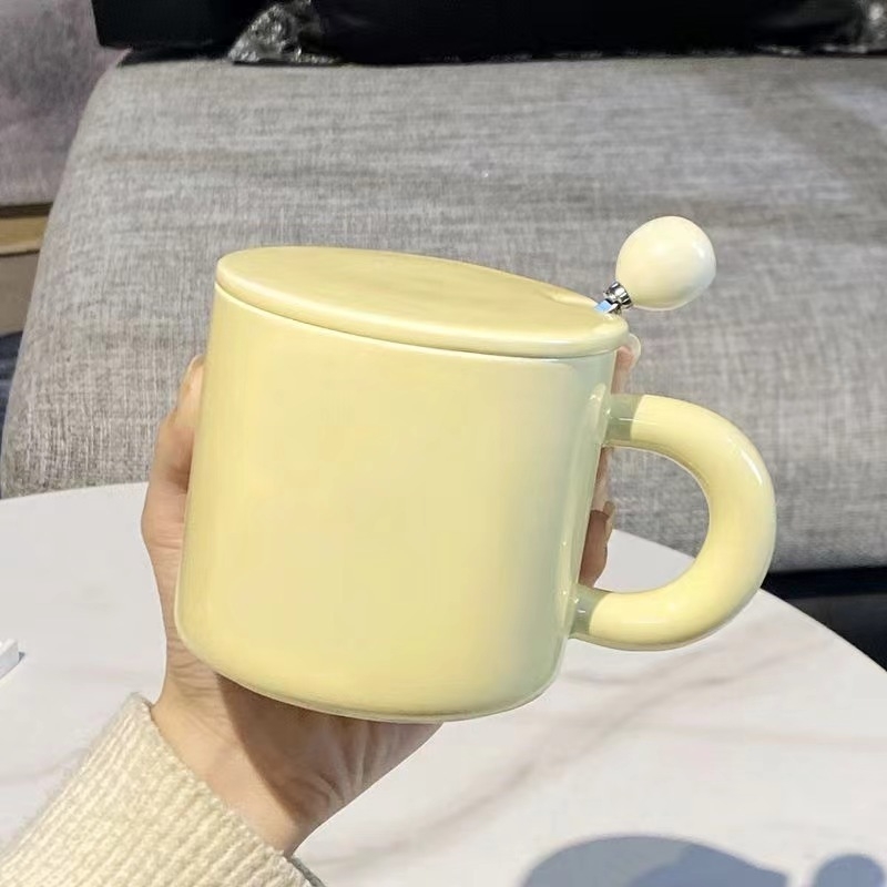Cană ceramică Milk Fufu pentru cuplu, cu capac și linguriță – pentru cafea/ceai, la birou sau acasă