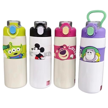 Capac pentru cană HM3480 anti-scurgere, pentru băut direct — capac termos pentru copii cu design Strawberry Bear, ochi mari