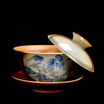 Set de ceai Kung Fu din ceramică, cu motiv lotus, capac rotativ, stil Thangka, un singur exemplar, de înaltă calitate