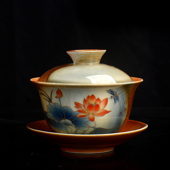 Set de ceai Kung Fu din ceramică, cu motiv lotus, capac rotativ, stil Thangka, un singur exemplar, de înaltă calitate