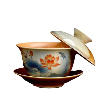Set de ceai Kung Fu din ceramică, cu motiv lotus, capac rotativ, stil Thangka, un singur exemplar, de înaltă calitate