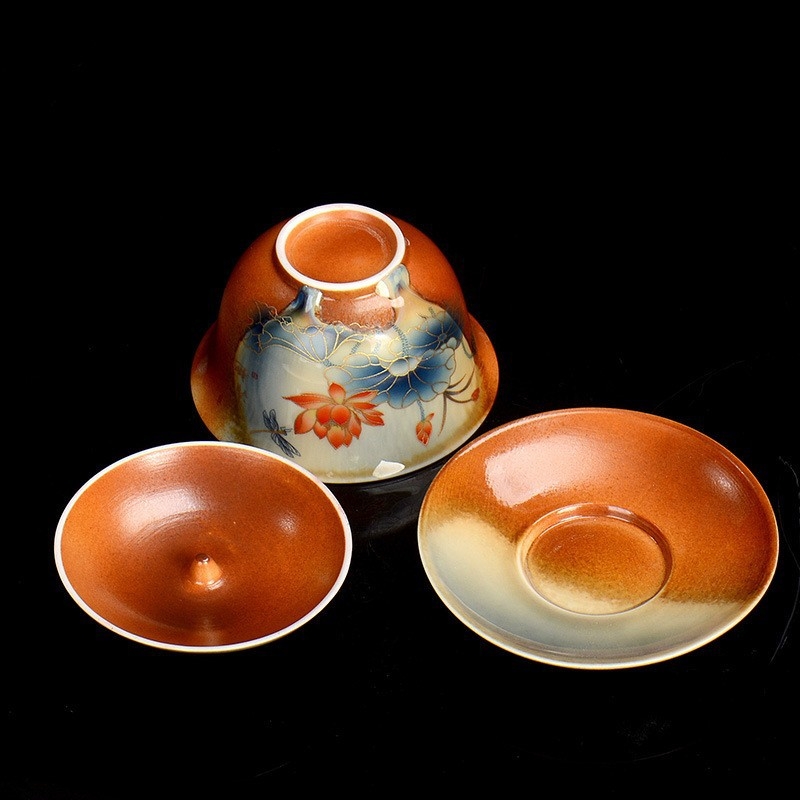 Set de ceai Kung Fu din ceramică, cu motiv lotus, capac rotativ, stil Thangka, un singur exemplar, de înaltă calitate