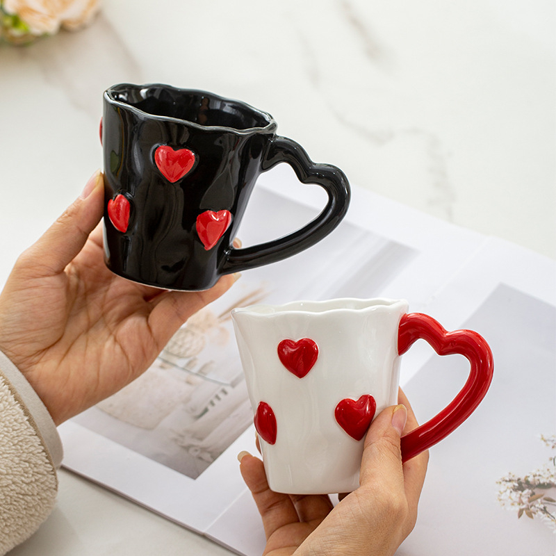 Cana ceramică pictată manual, cu mâner în formă de inimă, pentru lapte și cafea, design drăguț pentru cuplu