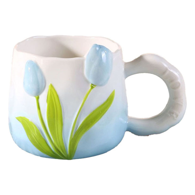 Cană de cafea ceramică în formă de lalea, pictură manuală sub glazură, design floral, pentru femei, estetică înaltă