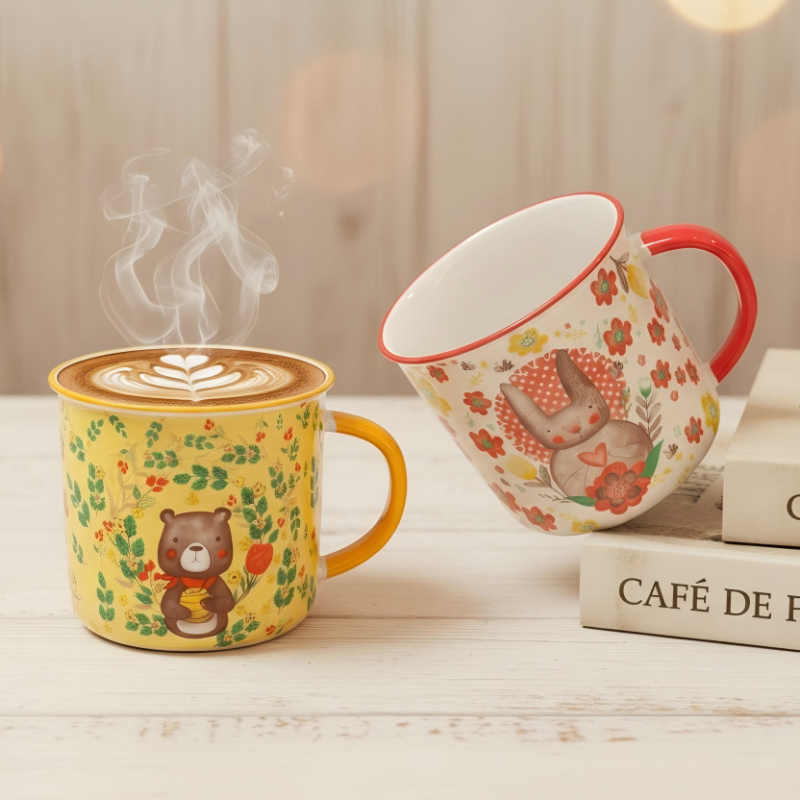 Cană ceramică drăguță cu personaje de desene animate pentru copii, cană zilnică pentru băut, compatibilă cu microundele pentru încălzirea laptelui, cană pentru cuplu