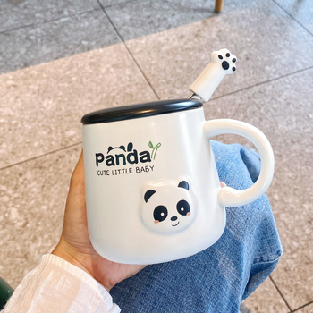 Cană Panda din ceramică cu capac și linguriță – pentru cupluri și copii, acasă și la birou