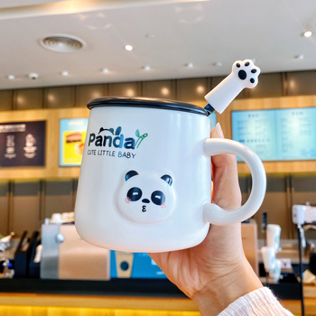Cană Panda din ceramică cu capac și linguriță – pentru cupluri și copii, acasă și la birou