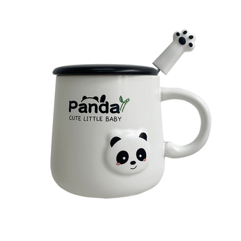 Cană Panda din ceramică cu capac și linguriță – pentru cupluri și copii, acasă și la birou