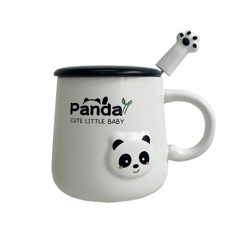 Cană Panda din ceramică cu capac și linguriță – pentru cupluri și copii, acasă și la birou