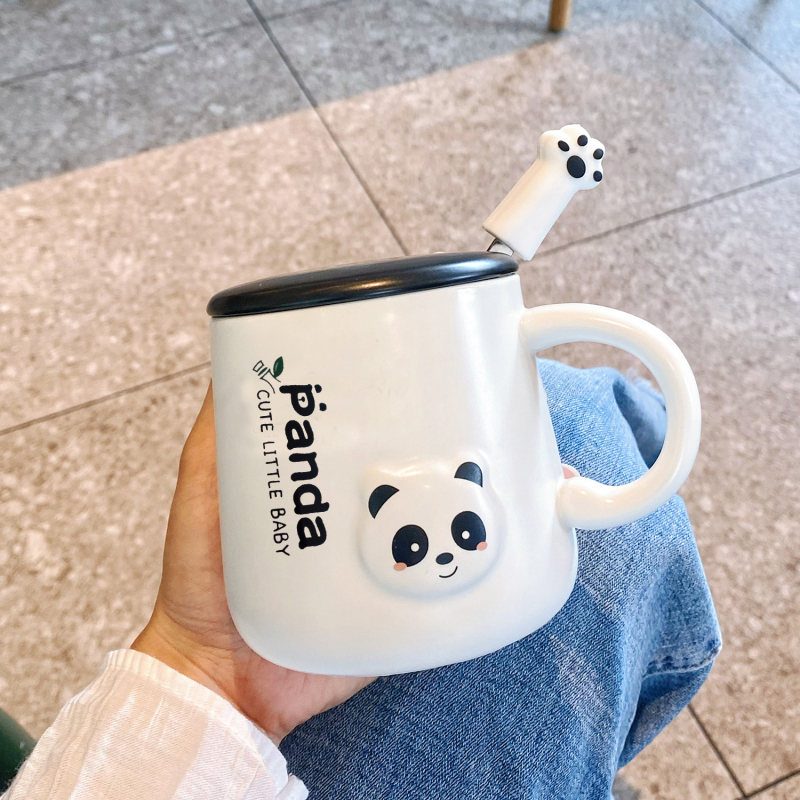 Cană Panda din ceramică cu capac și linguriță – pentru cupluri și copii, acasă și la birou