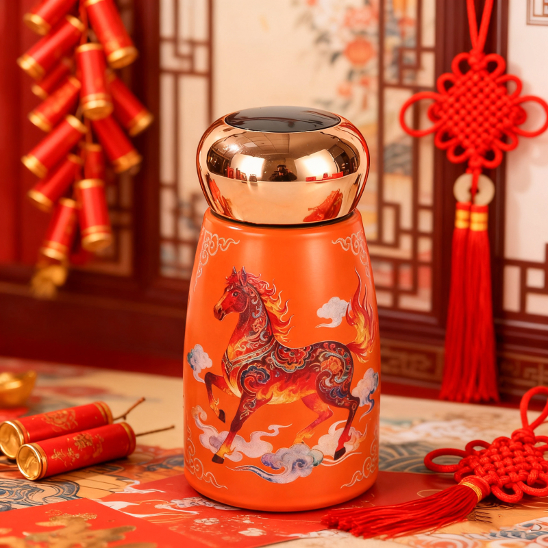 Pahar inteligent cu afișaj de temperatură, în formă de ciupercă, stil chinezesc, compact și portabil, termos izolat din oțel inoxidabil 304