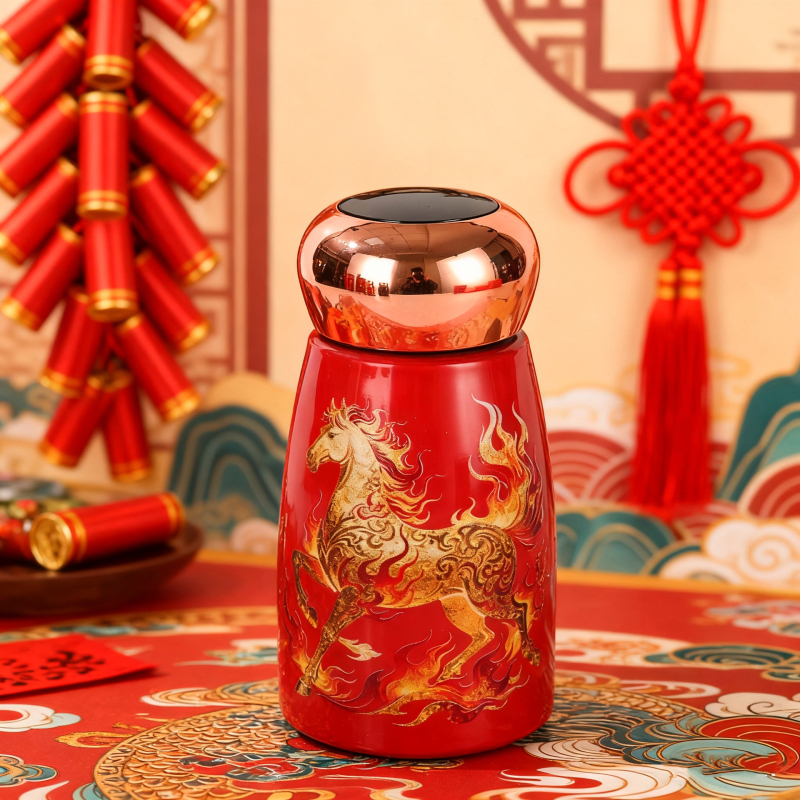 Pahar inteligent cu afișaj de temperatură, în formă de ciupercă, stil chinezesc, compact și portabil, termos izolat din oțel inoxidabil 304