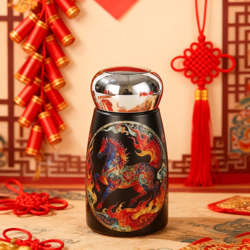 Pahar inteligent cu afișaj de temperatură, în formă de ciupercă, stil chinezesc, compact și portabil, termos izolat din oțel inoxidabil 304