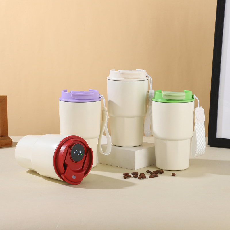 Ceașcă de cafea cu afișaj inteligent al temperaturii, mâner cu șnur, portabilă pentru exterior, izolație vid din oțel inoxidabil 316