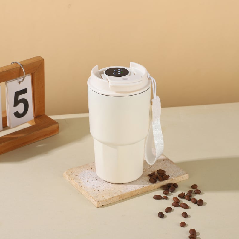 Ceașcă de cafea cu afișaj inteligent al temperaturii, mâner cu șnur, portabilă pentru exterior, izolație vid din oțel inoxidabil 316