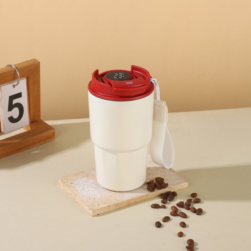 Ceașcă de cafea cu afișaj inteligent al temperaturii, mâner cu șnur, portabilă pentru exterior, izolație vid din oțel inoxidabil 316