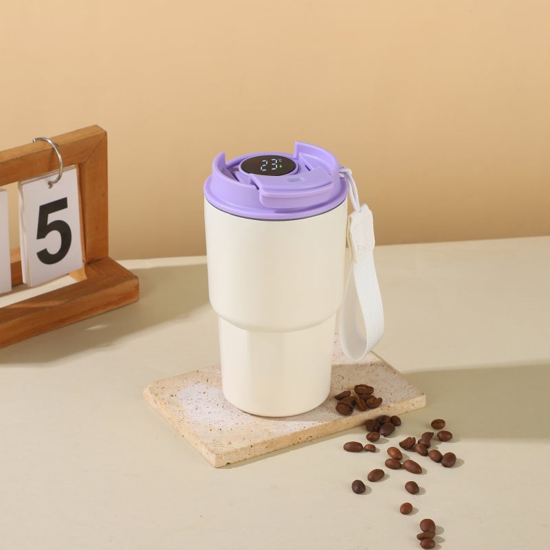Ceașcă de cafea cu afișaj inteligent al temperaturii, mâner cu șnur, portabilă pentru exterior, izolație vid din oțel inoxidabil 316