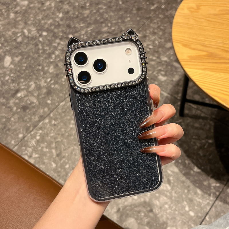 Bijeli elektroplatinirani zaštitni kućište za iPhone 16 Pro Max, s prahom šljokica i dizajnom mačjih ušiju