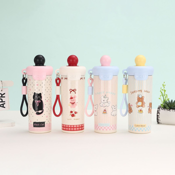 Cană termoizolantă cu mingă plutitoare în design desen animat, cu pai, portabilă pentru vară