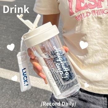 Pahar din plastic rezistent la temperaturi înalte, model pentru fete, pahar modern cu pai, termos pentru elevi cu separare ceai-apă