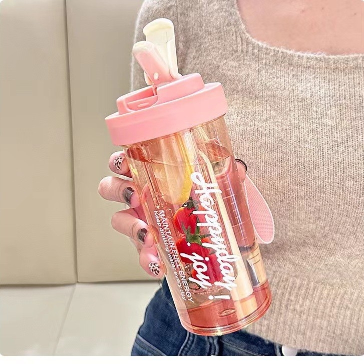 Pahar din plastic rezistent la temperaturi înalte, model pentru fete, pahar modern cu pai, termos pentru elevi cu separare ceai-apă